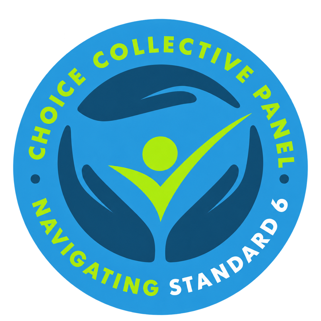 Blue circular logo reading “Choice Collective Panel Navigating Standard,” featuring dark blue hands and a lime-green checkmark person symbol.