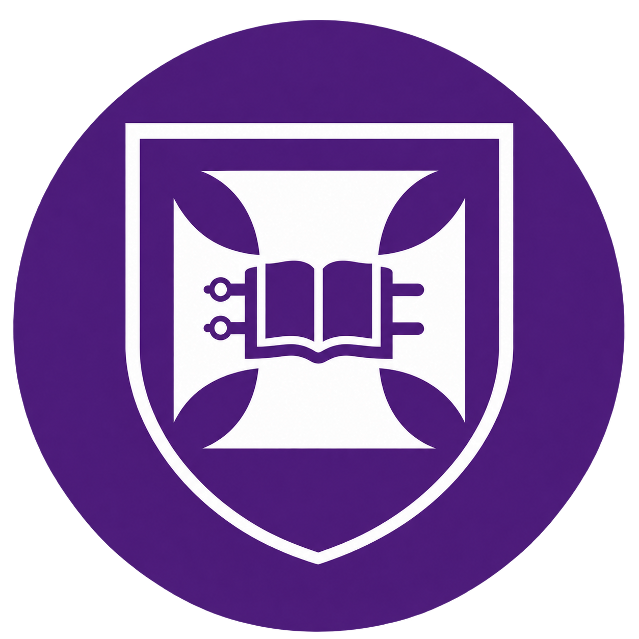 Purple circular emblem featuring a white shield with an open book and decorative fleur-de-lis design
