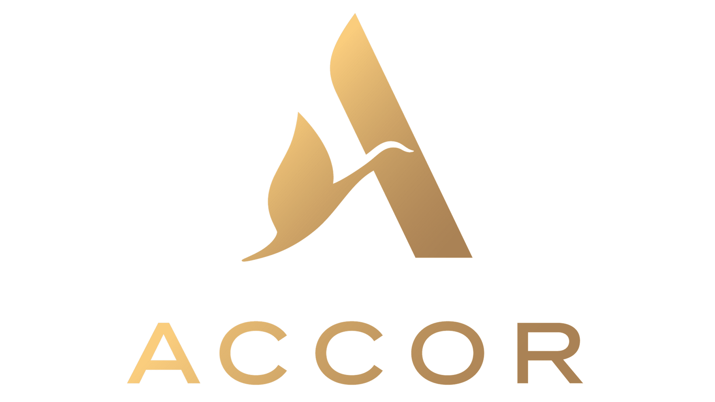 A stylized gold logo featuring a mountain peak and a swooping curve, with the word 'ACCOR' in gold letters below.