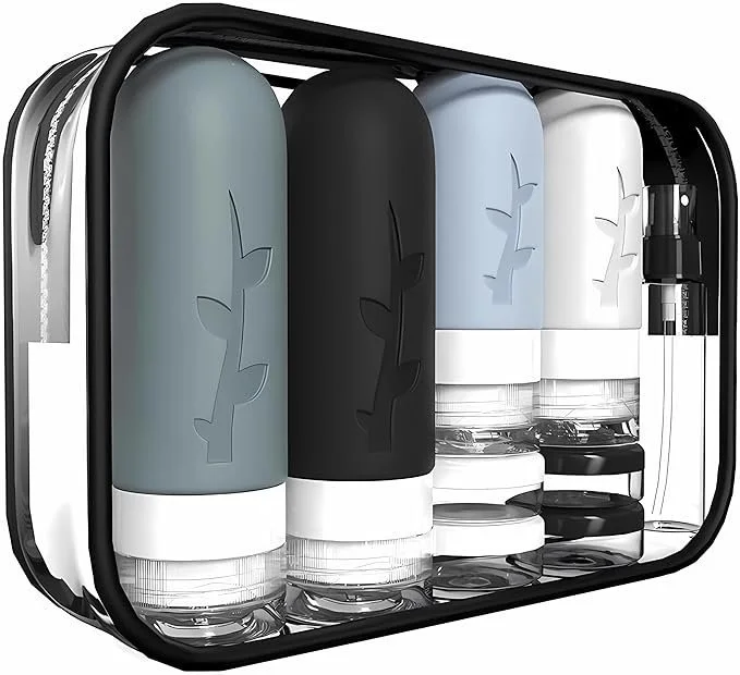 Reusable, refillable, travel size silicon containers hold lotion, shampoo, cream, cosmetics and other skin care products. Products are suitable for travel, camping, or other outdoor activities and reduce the use of plastic.
