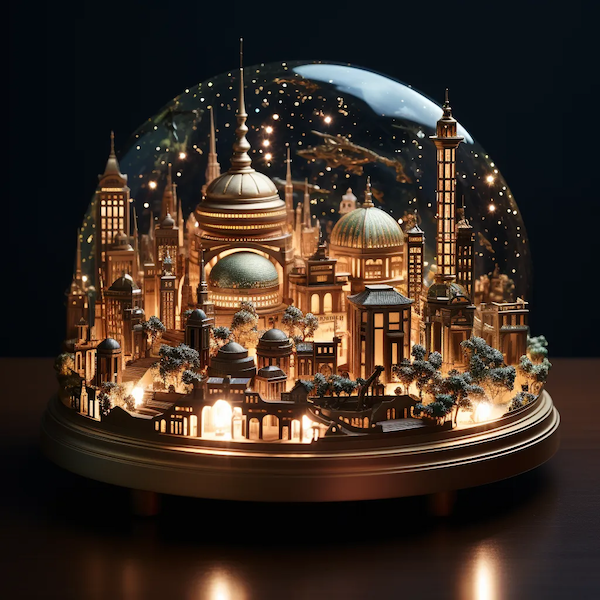 A detailed miniature cityscape inside a glass dome, illuminated with warm lights, featuring tall towers, domed buildings, trees, and a spaceship flying above, resembling a futuristic fantasy city.