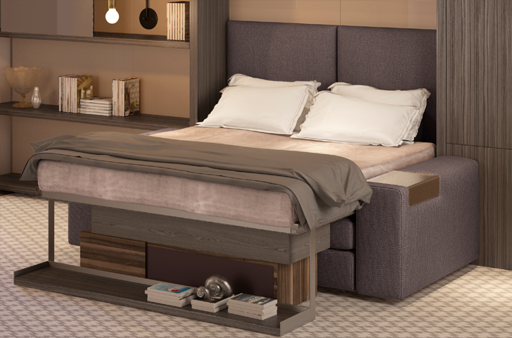 Convertible spaces feature modular furniture that can transform a living area into a sleeping space creating a living/working micro-suite from a hotel room.