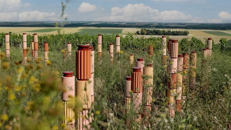 Design firm Formafantasma has created the Biodiversity Island which is defined by its series of hollow pillars made from terracotta to create shelter for birds and insects. It surrounds the garden nestled in a vineyard in Champagne, France. There are