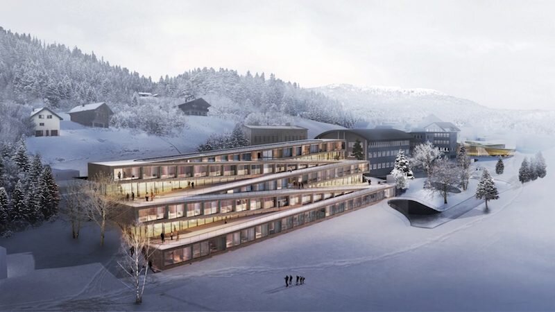 BIG’s (Bjarke Ingels Group) Swiss Audemars Piguet Hôtel Des Horlogers will have 5 zig-zagging room slabs that form a gentle ski slope, leading to the luxury watch manufacturer’s museum and local ski trails. Inside, sloping corridors organically conne
