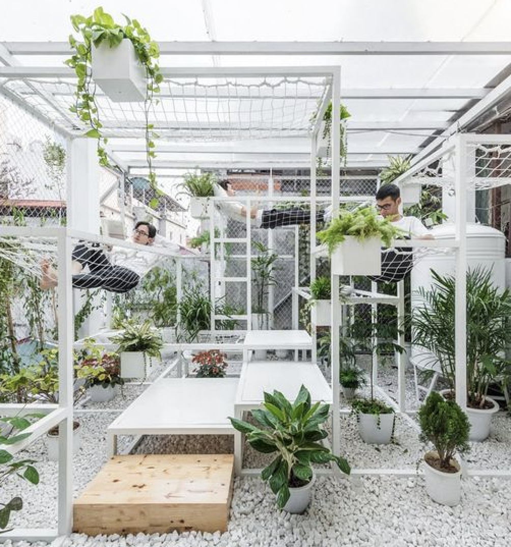 Pavilions of the Origins was designed to bring clean air back into a setting by using living plants to detoxify the air. Plants grow within cuboid frames sitting on the terrace of a 3-storey house in Hanoi.