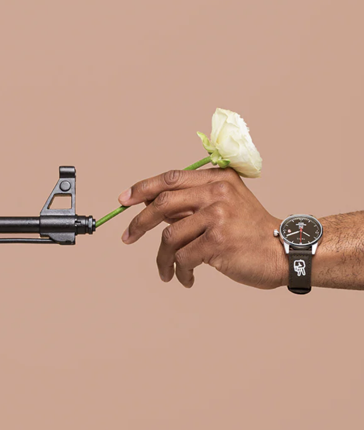 In conflict-torn areas where TRIWA partner IM operates, illegal firearms are confiscated by local authorities and melted down. TRIWA then buy the resulting metal to make watches and give back 15% of sales to support victims of armed violence through 