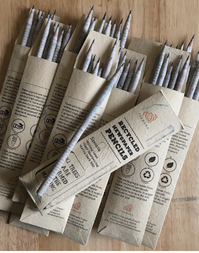 Recycled newspaper pencils packaged in an eco-friendly recycled handmade paper sleeve with specs of silk fibre thread. Each package is individually hand crafted by a PARWANA artisan, precision cut and glued by hand.