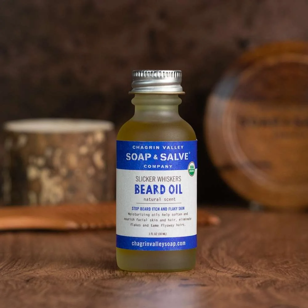 Chagrin Valley Soap & Salve’s Company’s Beard Oil is an unscented beard and moustache oil containing all natural, certified organic, vegan, non-GMO unrefined oils. Lightweight blend. Suits all skin types. 