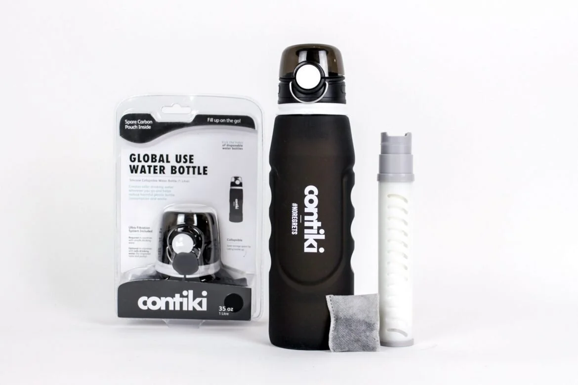 The new foldable, travel friendly water bottle by Contiki Cares is made from 100% recycled materials with an advanced built-in filtration system that creates clean, safe drinking water.