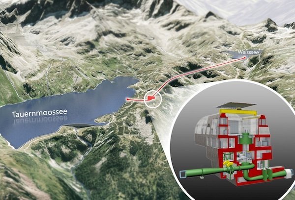 Pumped hydro storage stores energy using two interconnected reservoirs with one at a higher elevation than the other. Water is pumped to the upper reservoir in times of surplus energy and, in times of excess demand, water from the upper reservoir is 