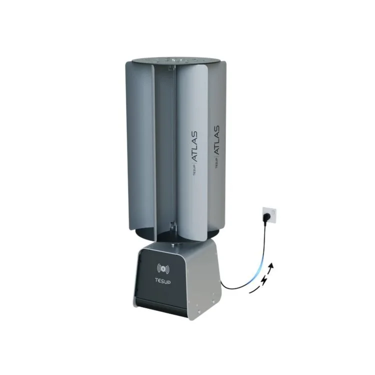 The TESUP Atlas energy system includes a 9 kW Clean Energy Power Tower utilising a vertical wind turbine with customized blade options, ensuring optimal performance tailored to specific wind conditions. Linked to an iot (internet of things) charge co
