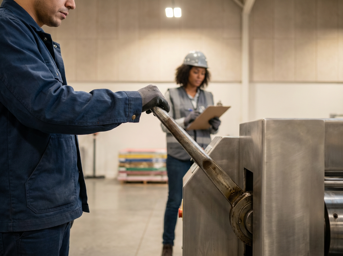 A worker in a blue uniform and gray gloves operates a metal machine with a long handle, while a woman in safety gear writes notes on a clipboard in the background inside an industrial or manufacturing facility.