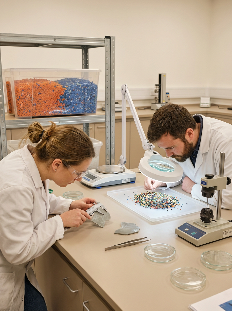 Two scientists in a laboratory examining colorful beads or granules, with one using a magnifying glass and the other holding a pair of tweezers.