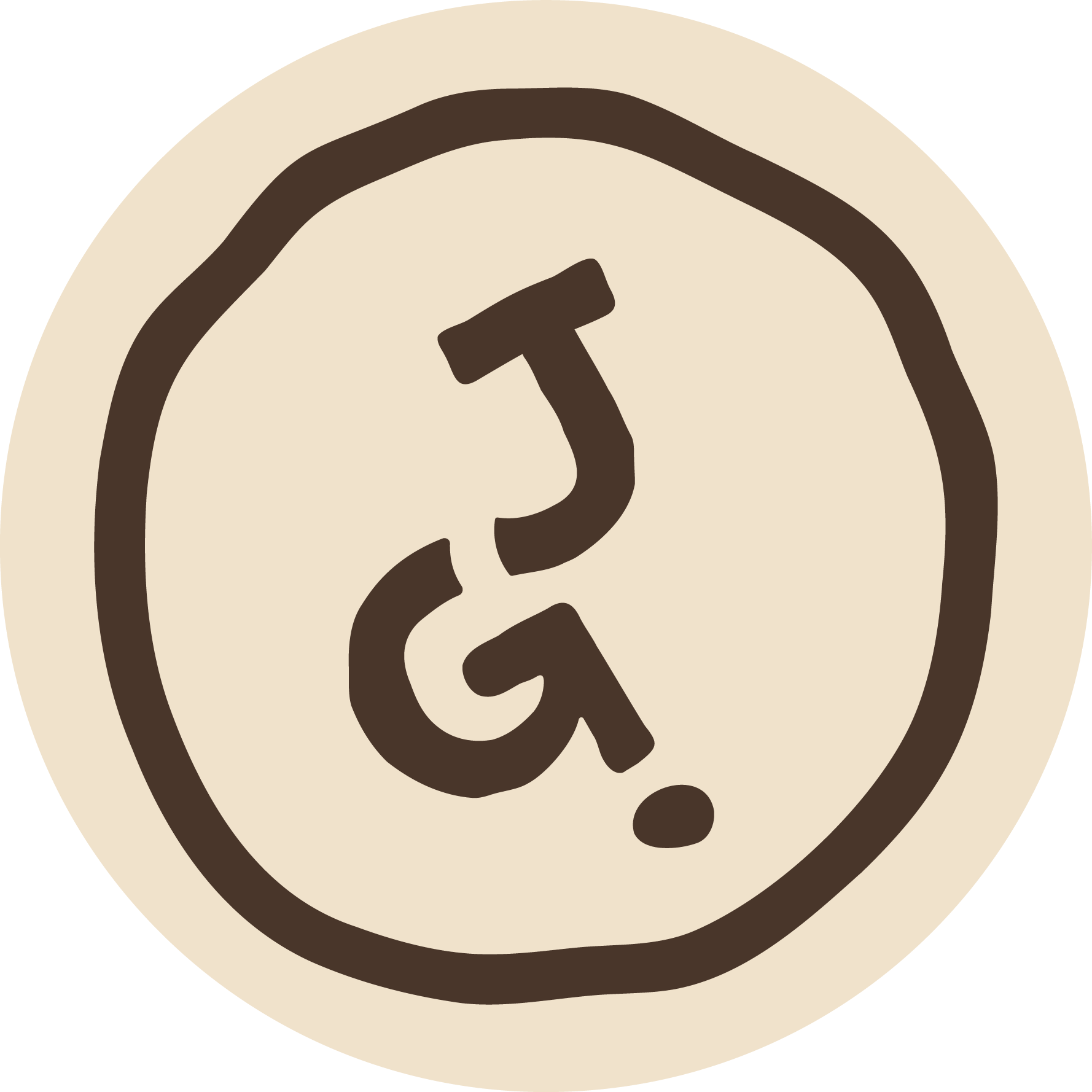 A beige circular sign with a dark brown question mark inside and a ring near the edge.