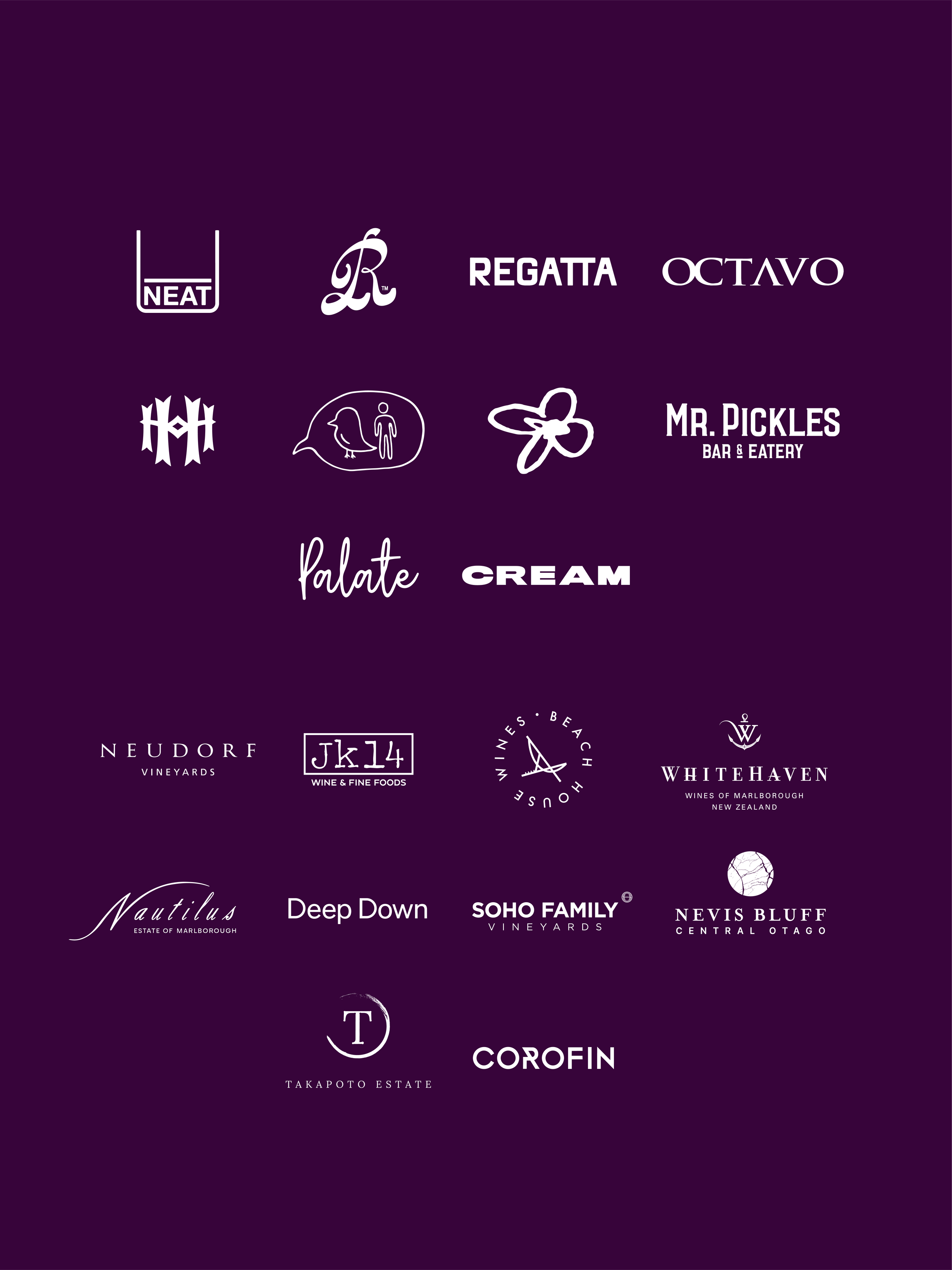 A collection of various wine brand logos arranged on a dark purple background.