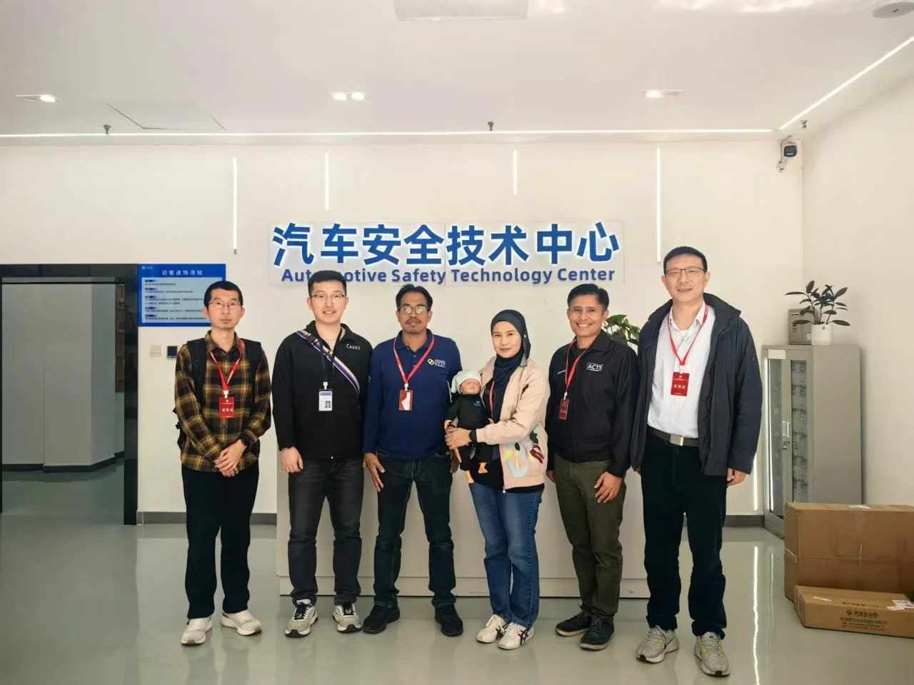 Group photo of ASEAN NCAP, ACTS–UTM, and CAERI representatives during their initial collaboration visit for ASEAN Child Presence Detection (CPD) Dummy development at CAERI's Automotive Safety Technology Center in China.