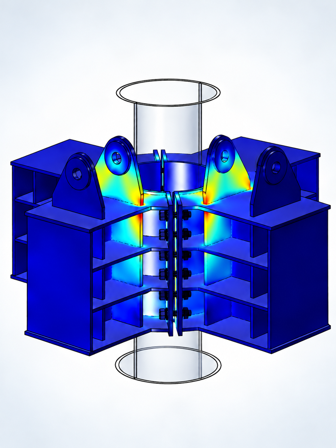 Finite element stress analysis of a structural connection assembly.