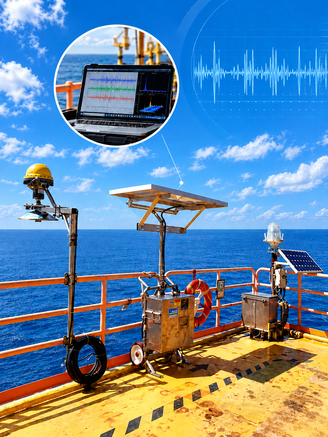 Offshore structural dynamic monitoring equipment installed on a platform deck, featuring solar-powered sensors and vibration data analysis.