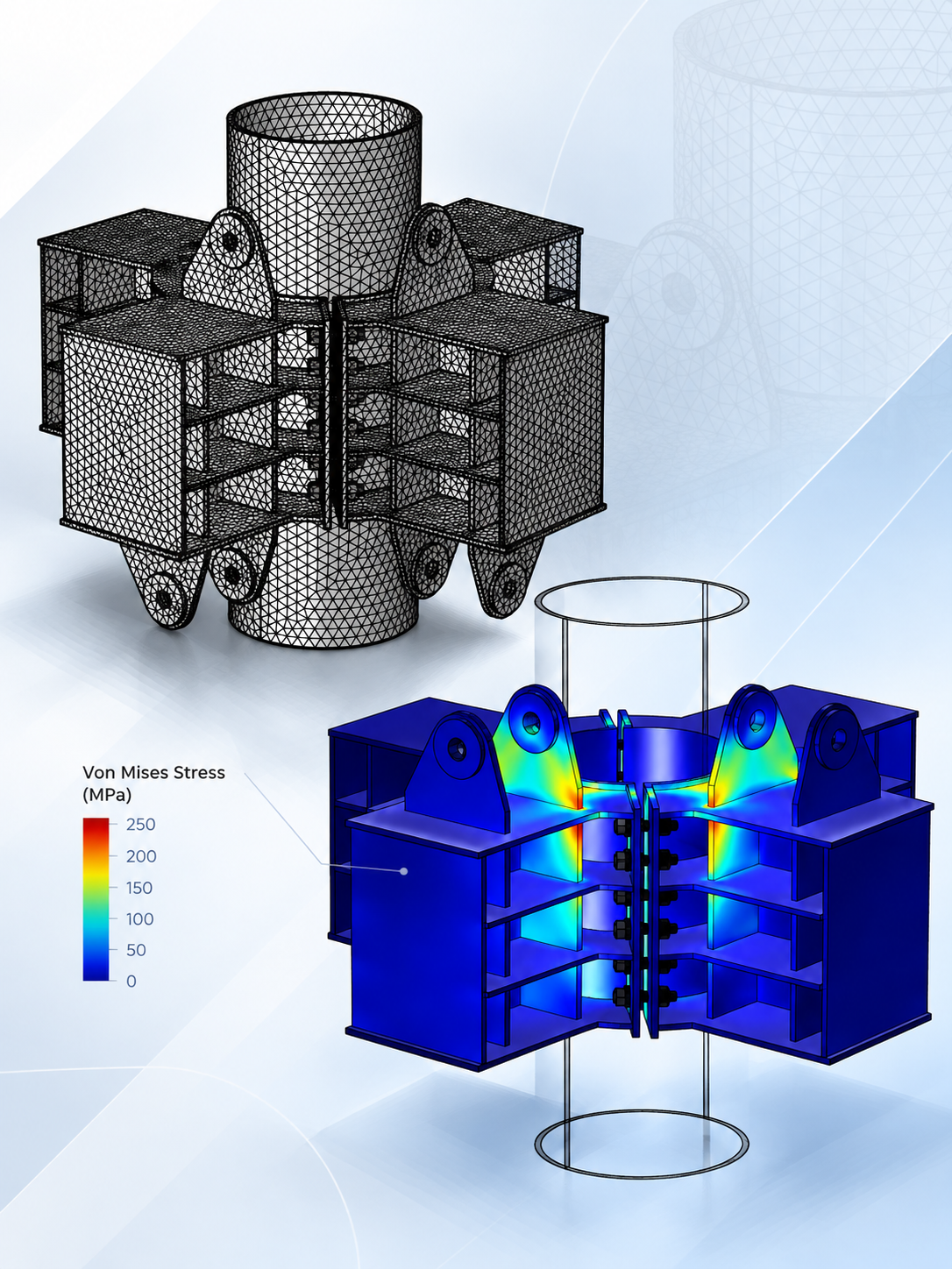 Finite element analysis of an offshore conductor clamp assembly showing structural mesh modelling and von Mises stress distribution.