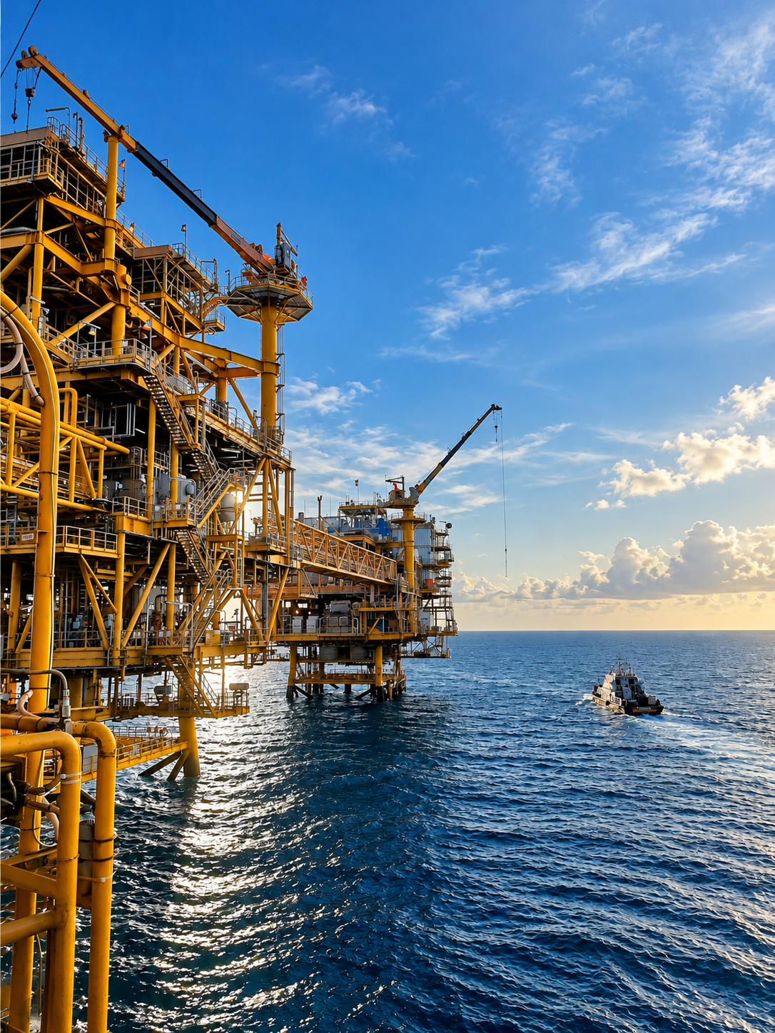 Offshore oil and gas platform with structural steel supports and bracing.