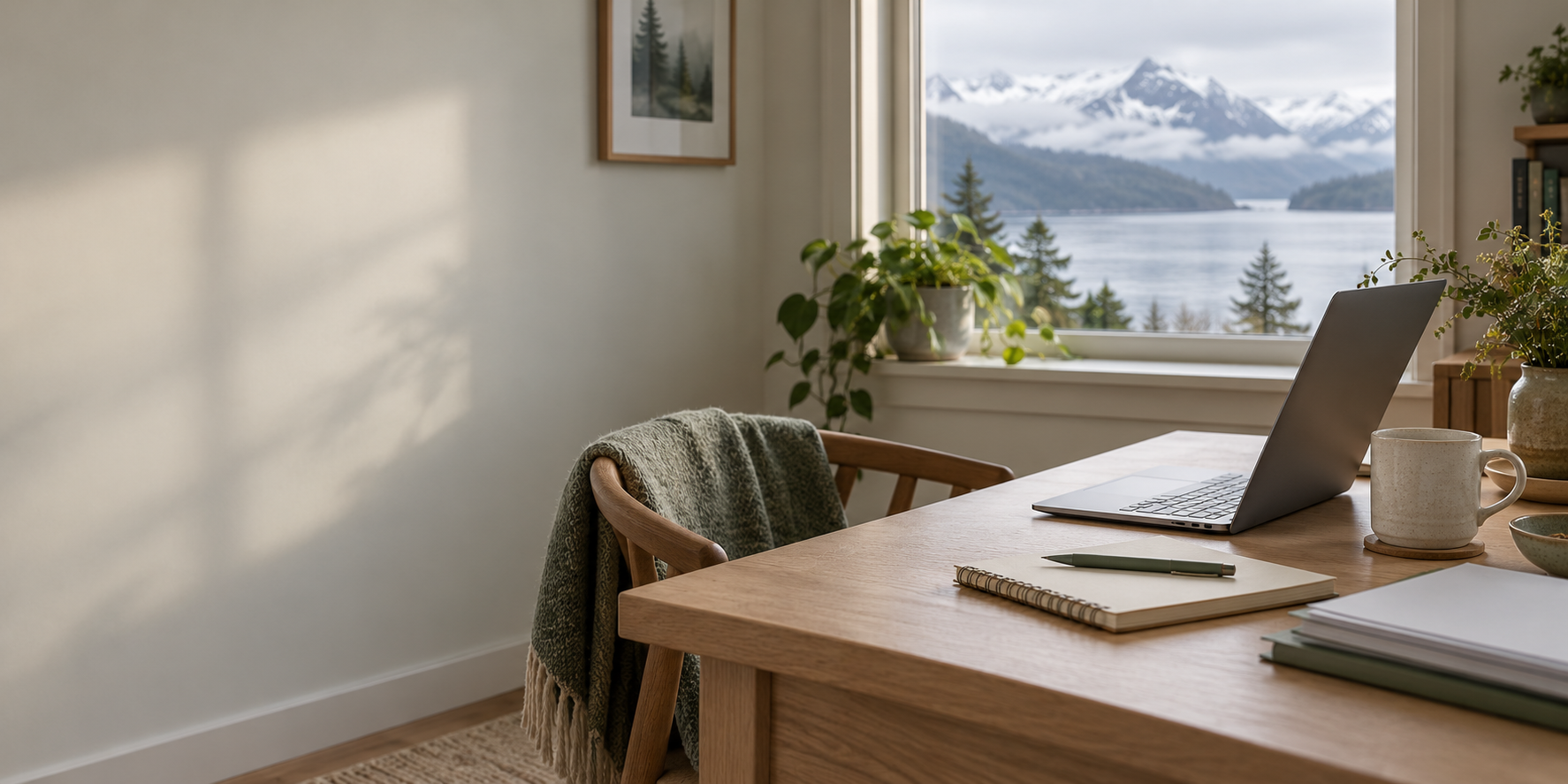 A welcoming workspace with a laptop, notebook, and soft natural light.