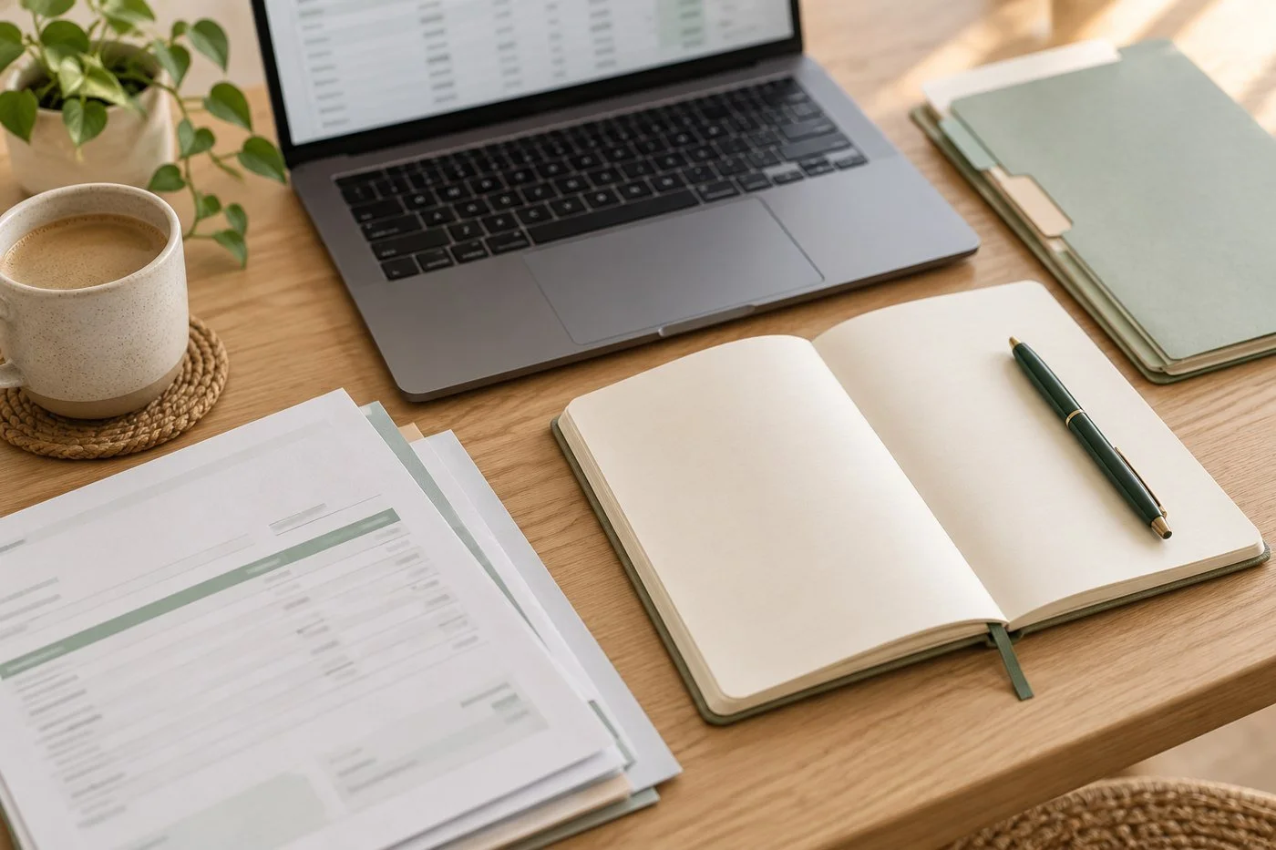 Organized bookkeeping records with a laptop, notebook, and sage folders.