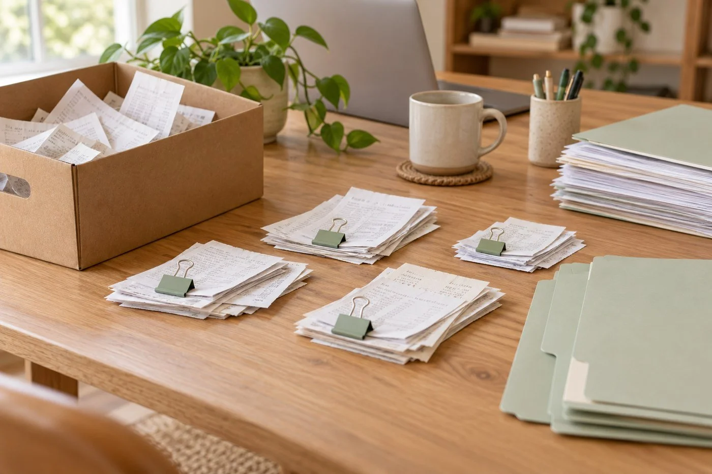 Receipts and bookkeeping records organized on a warm wooden desk.