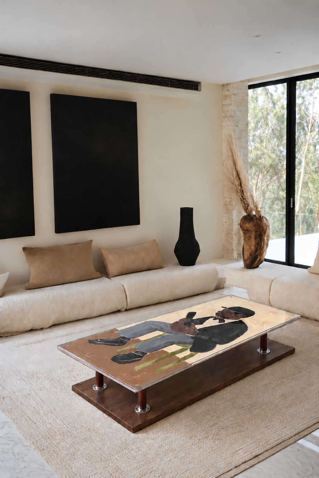 Minimalist living room, solid black wall art.png