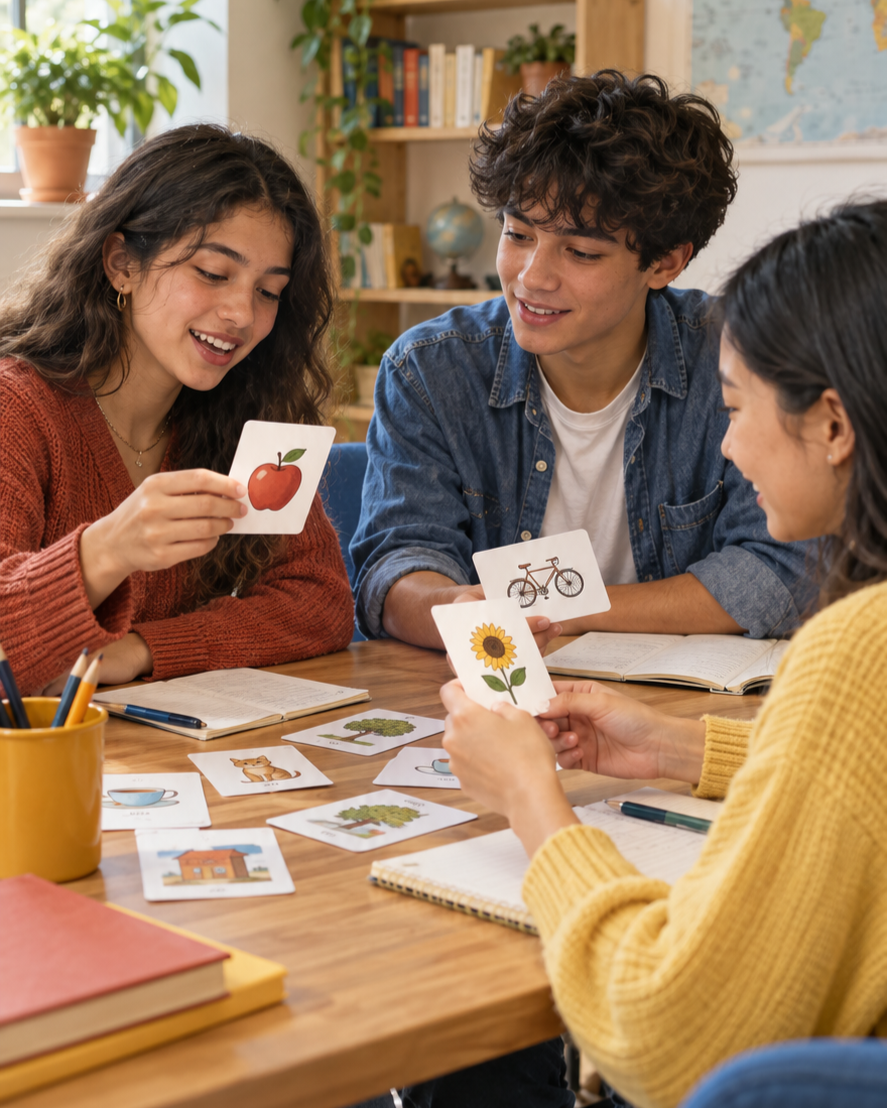 Three students studying vocabulary flashcards together at a table