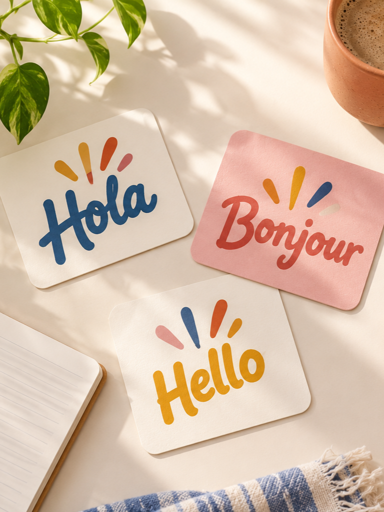 Colorful greeting cards reading “Hola,” “Bonjour,” and “Hello” on a sunlit table with a plant and coffee cup