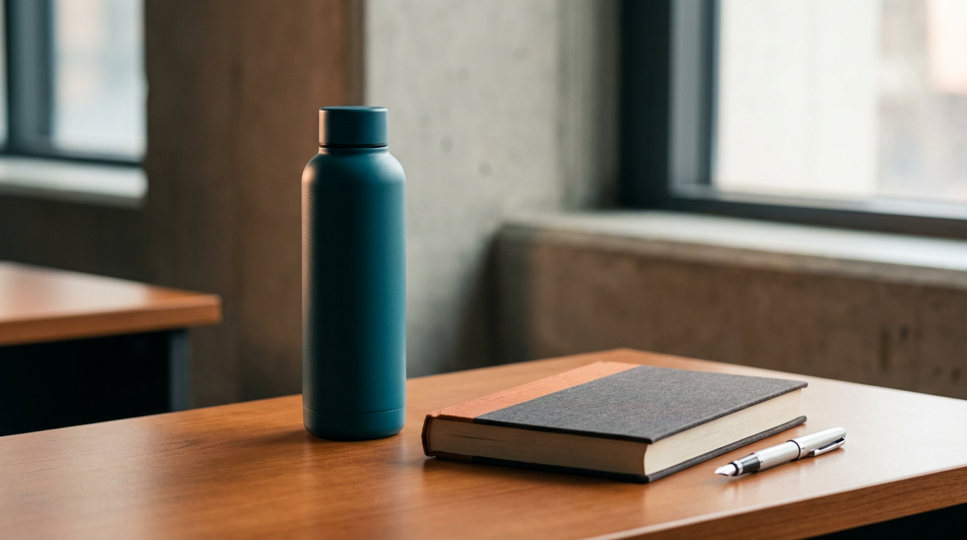 Dark teal reusable water bottle, closed notebook, and silver pen on a wooden desk by a window