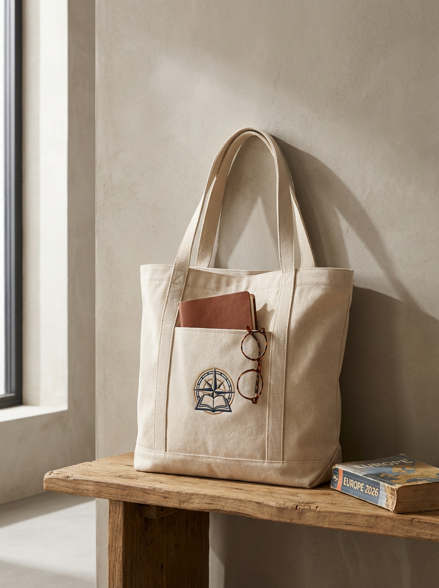 Canvas tote bag with compass-and-book logo, brown notebook, and eyeglasses on a rustic wooden bench beside a sunlit window