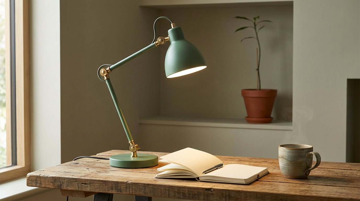 Green adjustable desk lamp, open notebook with pen, and ceramic coffee mug on a rustic wooden table