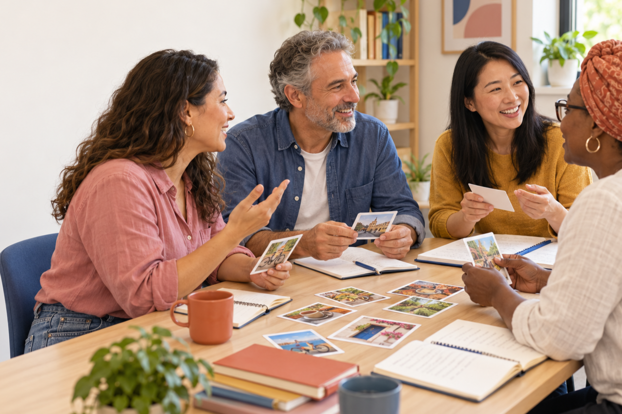 Diverse group planning a trip together with travel photos, notebooks, and maps around a table
