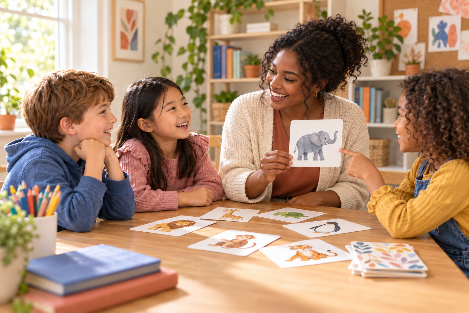 Teacher showing an elephant flashcard to three children during an animal learning activity