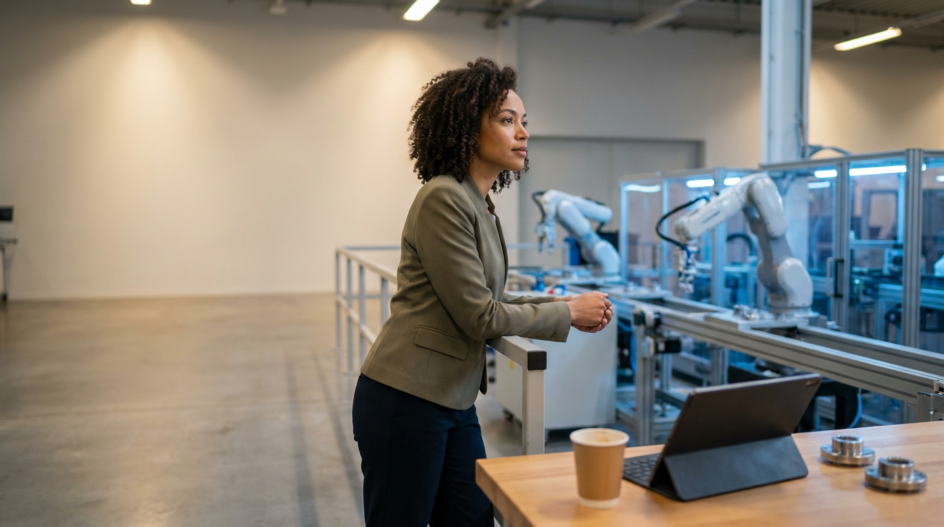 A woman in business attire looking at robotic arms in a factory or manufacturing setting.