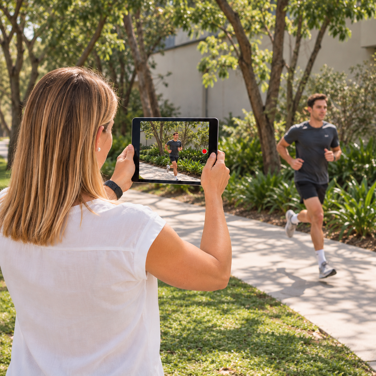 Danni recording a man jogging on a tablet for a running assesment