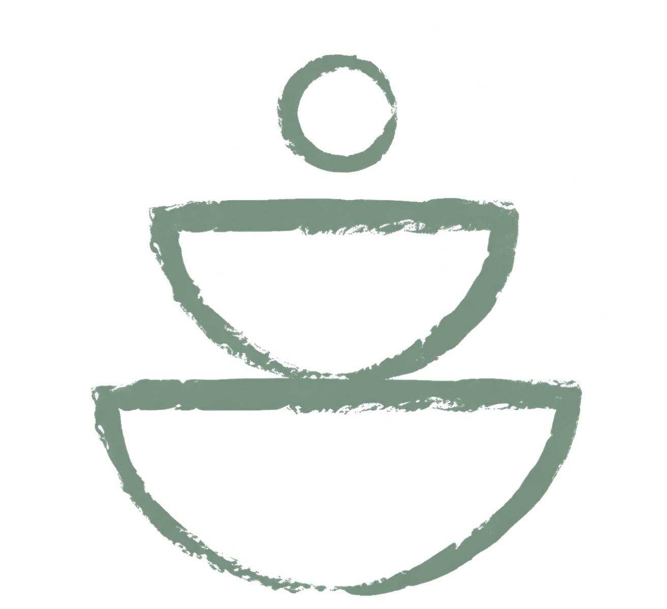 Stylized gray icon of stacked bowl-shaped layers with a circular element above on a black background
