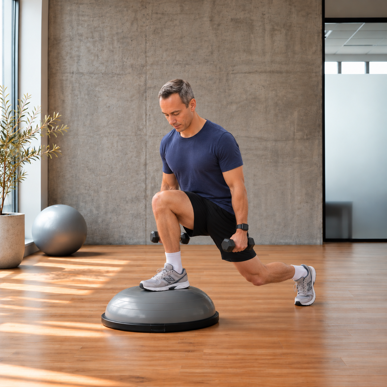 A male pacient performing a weighted Bulgarian split squat on a BOSU balance trainer in a gym as his pre and post surgical rehabiliation