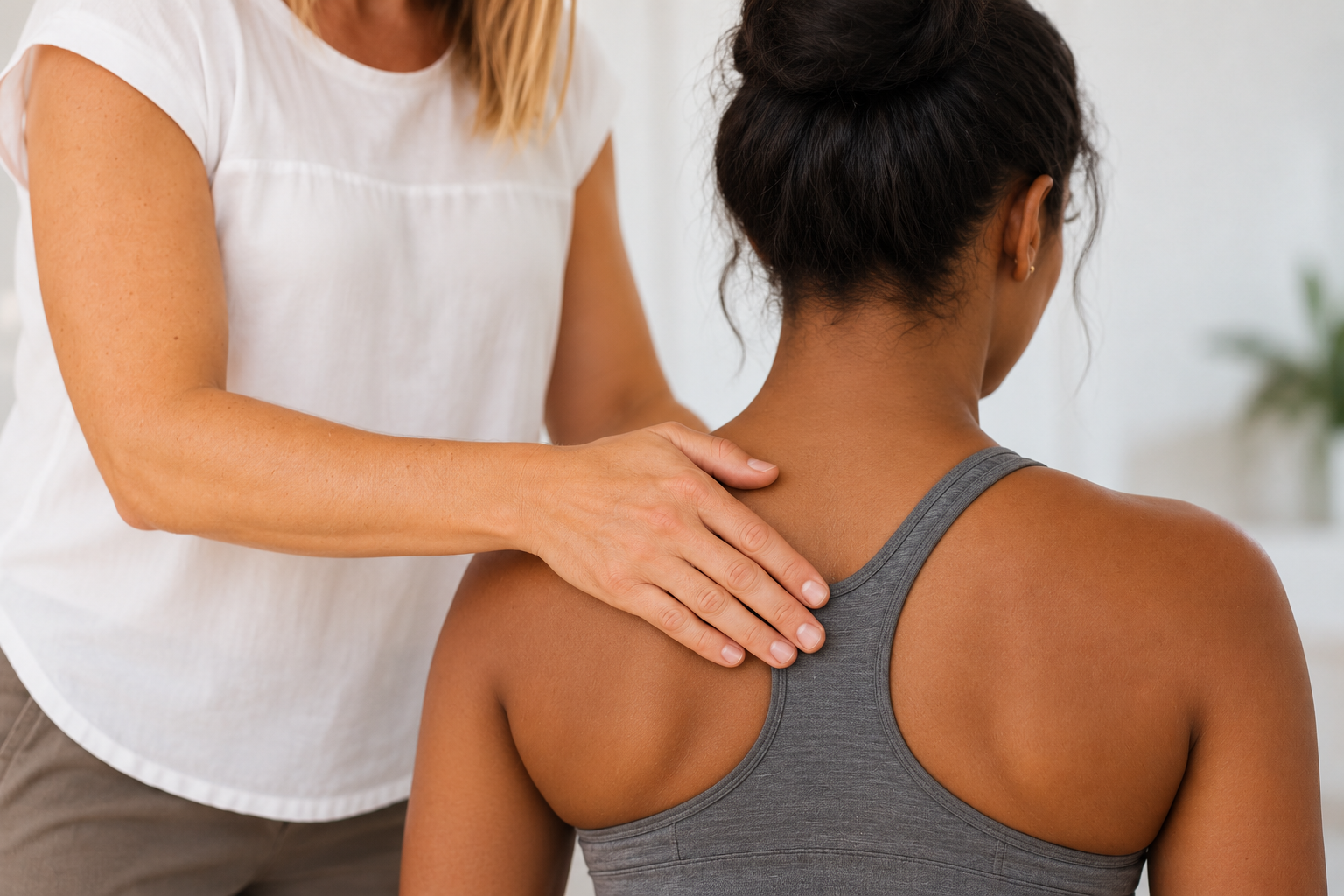 Physiotherapist professional examining a woman's upper back and shoulder as a work place injury