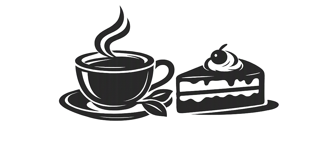Illustration of a steaming cup of coffee on a saucer beside a slice of layered cake topped with a cherry.