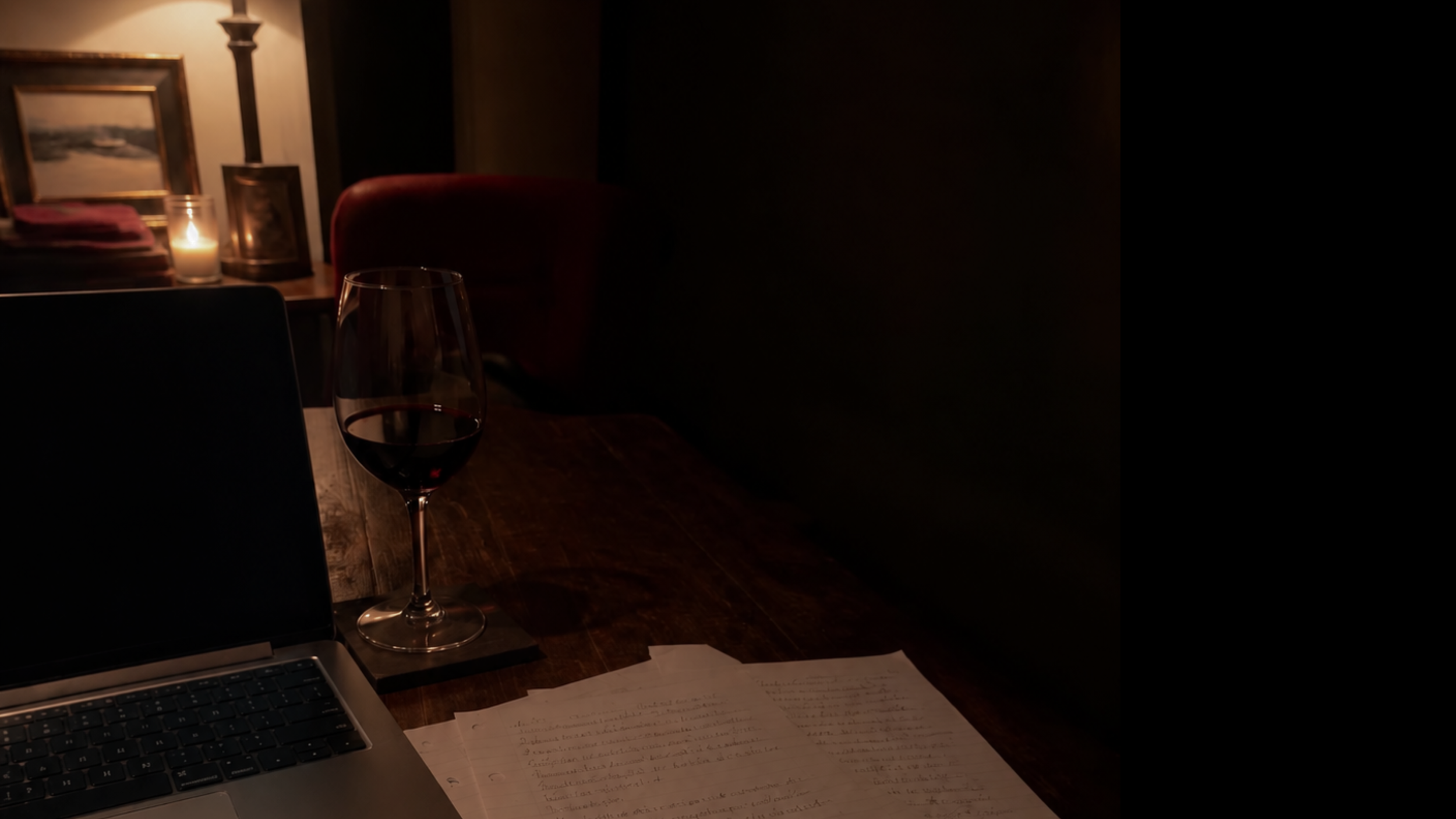 A dimly lit workspace with a laptop, a glass of red wine, some handwritten notes, a bottle with a candle inside, and paintings on the wall in the background.