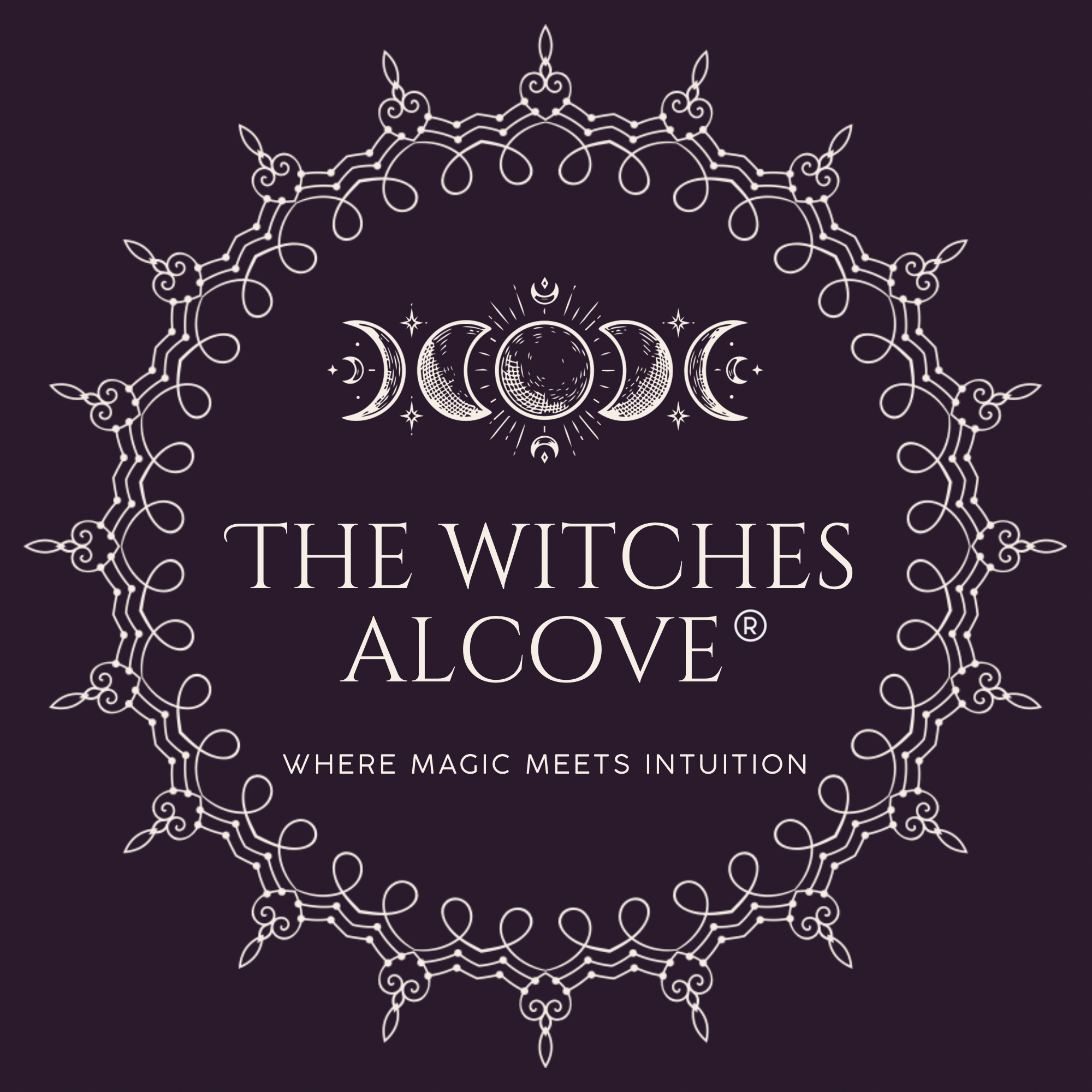A dark background with a white intricate geometric design featuring the phases of the moon and celestial symbols, and the text "The Witches Alcove" and "Where Magic Meets Intuition."