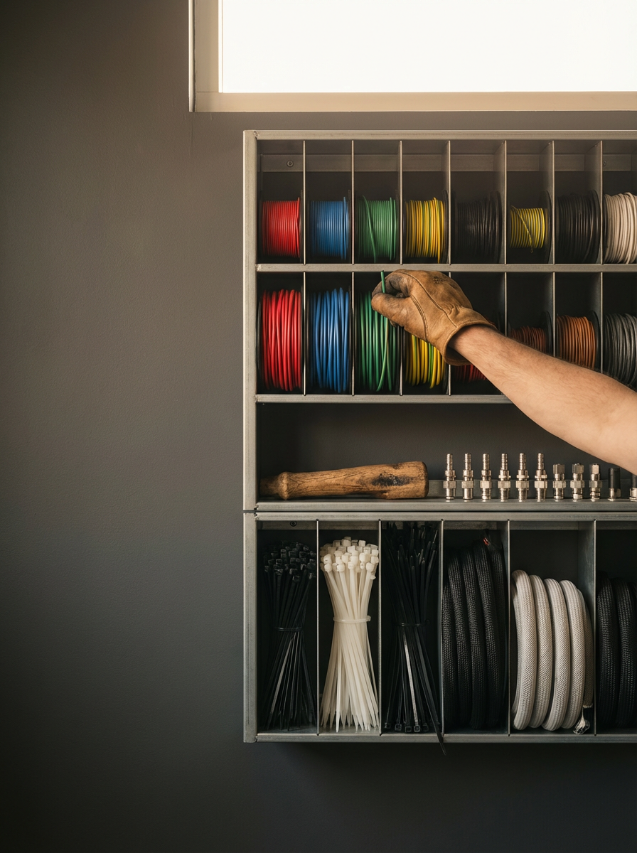 Person wearing a work glove organizing colored 3D printing filament spools in a storage rack.