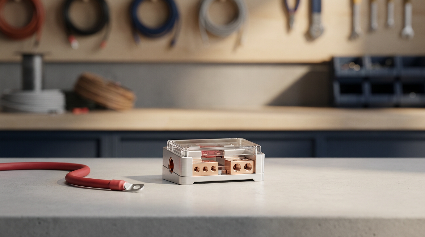 Electrical wire connecting terminal block on a workbench in a workshop with tools and supplies in the background.