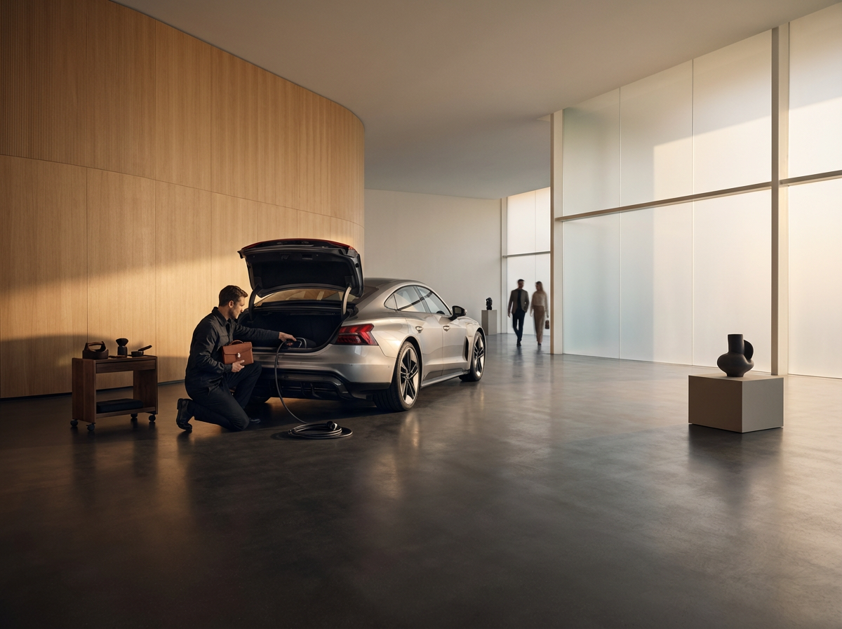 A man is inspecting an electric car's charging port inside a modern, minimalist showroom with large frosted windows and wooden wall panels.
