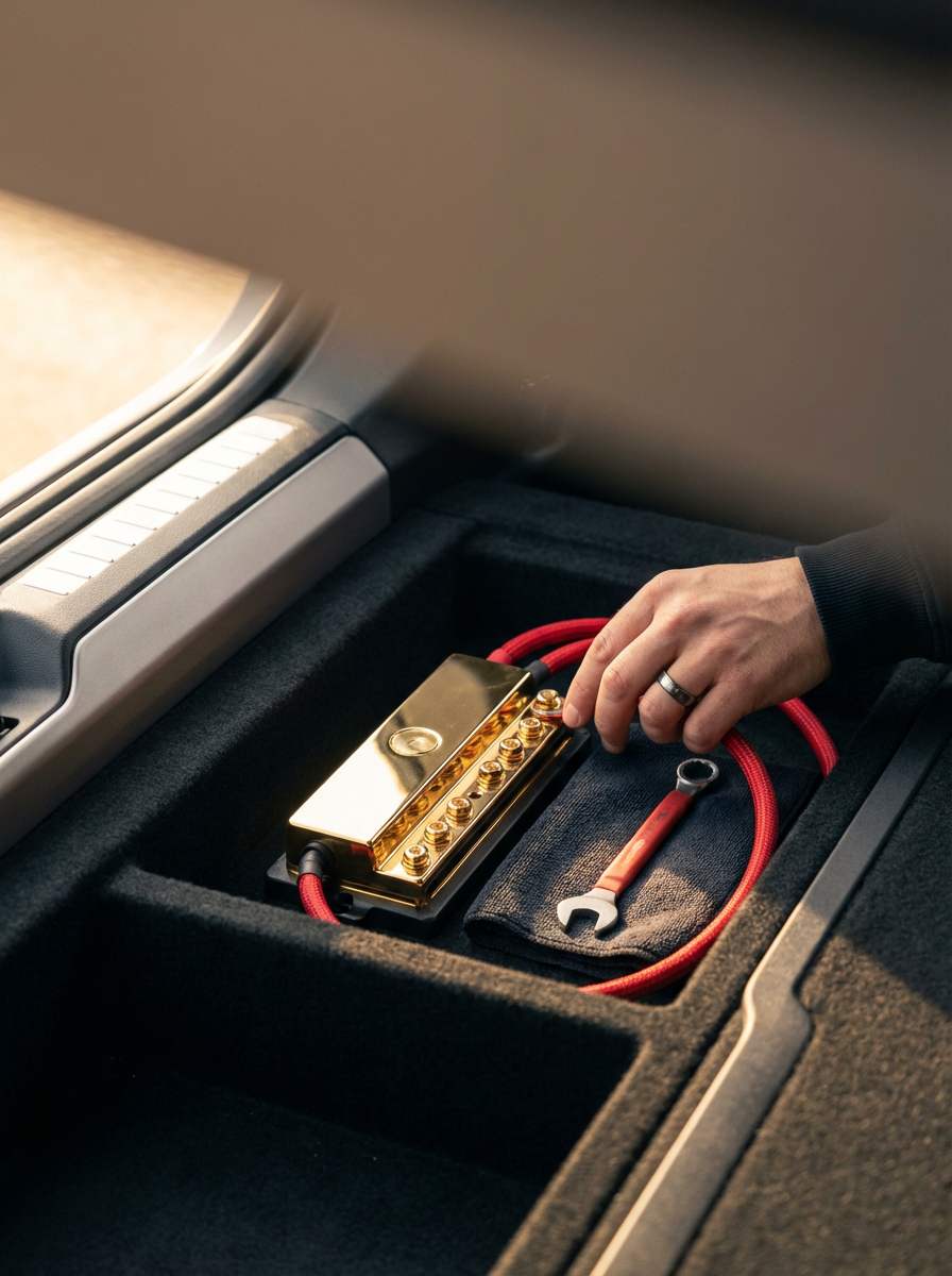A person's hand reaching for a gold and black car battery connector with red cables, placed inside a car's storage compartment near a window.