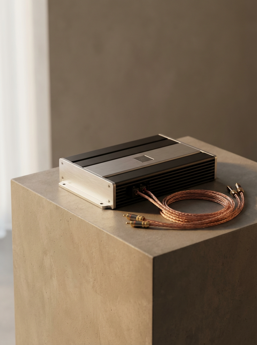 A sleek black and silver audio amplifier with copper speaker cables coiled next to it on a beige pedestal.