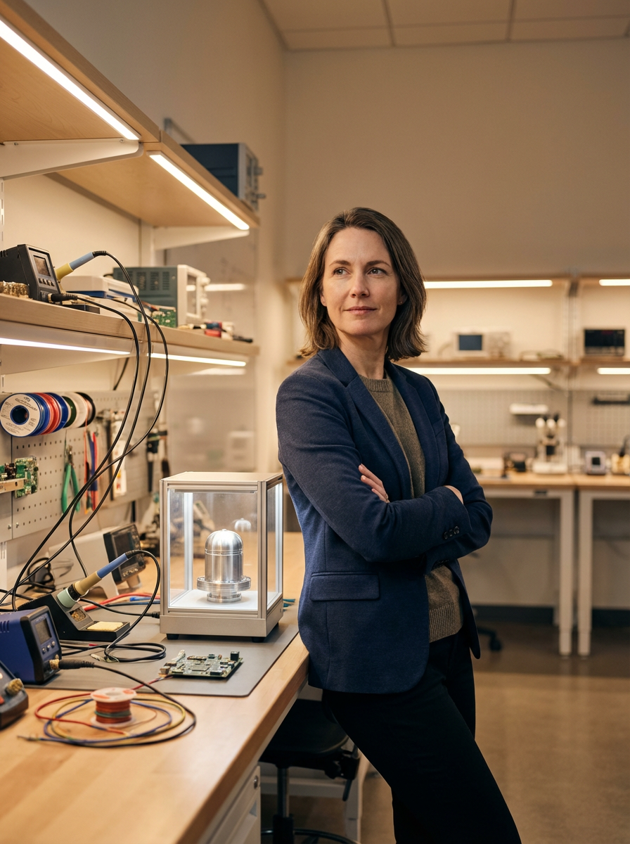 A woman in a blue blazer standing with arms crossed in a laboratory filled with electronic equipment, wires, and scientific instruments.