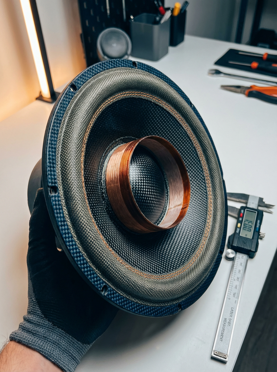 Close-up of a large speaker cone being held in a gloved hand, on a workbench with tools and measurement equipment in the background.